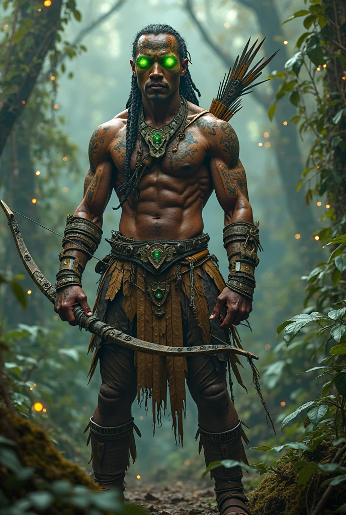 a muscular man with dark skin Brazilian , ripped abs, bare chest, tribal tattoos, wearing purple armor, standing in a lush forest, (best quality,4k,8k,highres,masterpiece:1.2),ultra-detailed,(realistic,photorealistic,photo-realistic:1.37),hyper detailed, cinematic lighting, dramatic shadows, chiaroscuro lighting, oil painting, impasto texture, hyperrealistic, photographic, dramatic pose