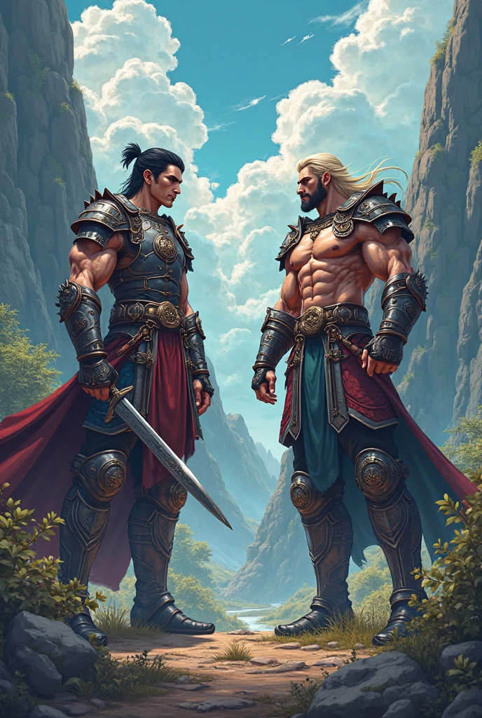 Vector design one black tatto Viking left arm, a full body muscular Viking man, muscular legs, holding just one big Viking sword in his right hand, perfect hands, brown hair parted with bangs, perfect realistic blue eyes, wearing warrior leather boot, wearing warrior boots, lake and mountains in the background.