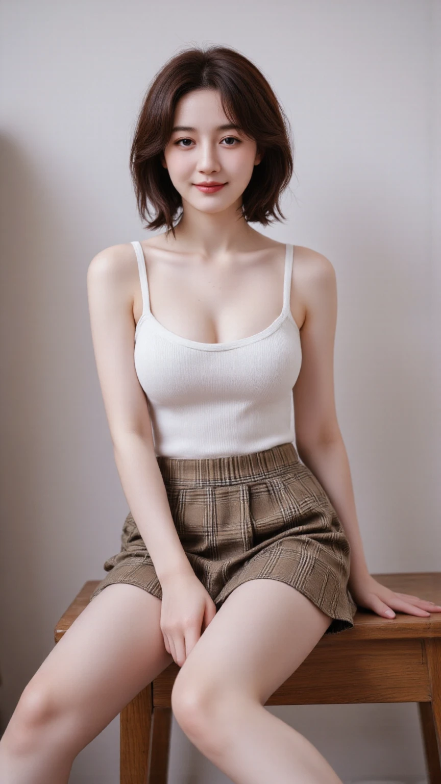 masterpiece, realistic, photorealistic, best quality, beautiful detailed, natural lighting, sharp focus, depth of field, slim body, abs:1.2, small breasts, best quality real texture skin, Detailed beautiful delicate face and eyes, in a living room, beautiful detailed japanese girl, (solo), 20 years old, (above the knee:1.2), (((searching the Internet on a MacBook at the dining table))), (Sitting in a chair), eyes open, looking at viewer, best quality real texture skin, Detailed beautiful delicate face and eyes, double eyelid, smile:1.2, white teeth:1.2, short straight brown hair:1.2, bob cut:1.2, tank top:1.2, mini skirt:1.2,