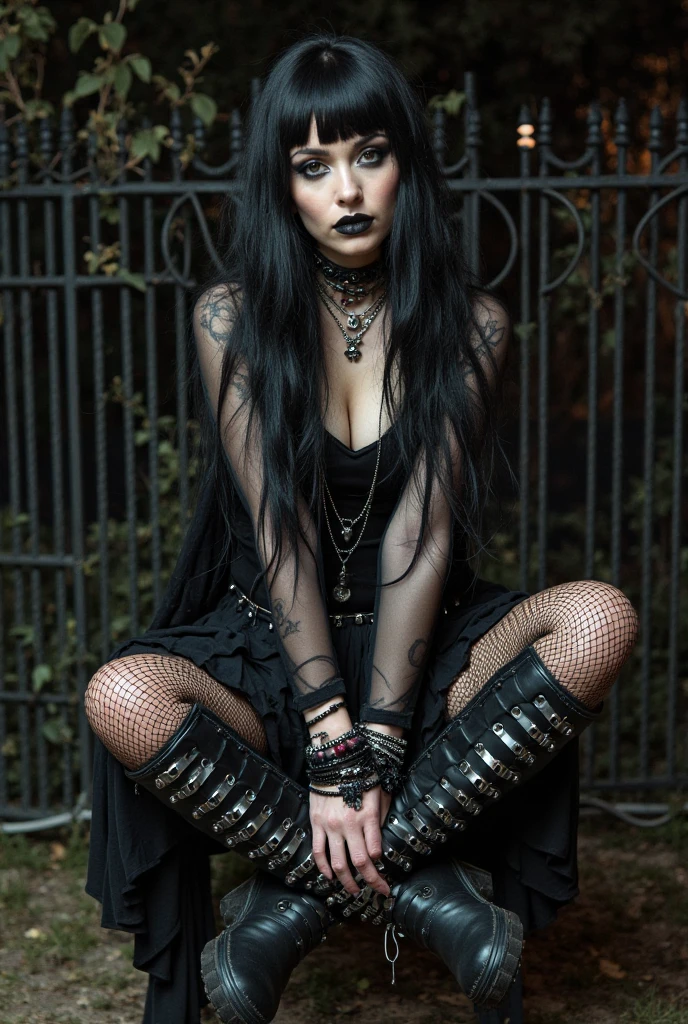 Gothic woman, soft beauty, dark makeup, piercings, full body, toxic green hair, spiked goggles on head,messy hair, messy bangs, piercing gaze, large spiked boots, chains