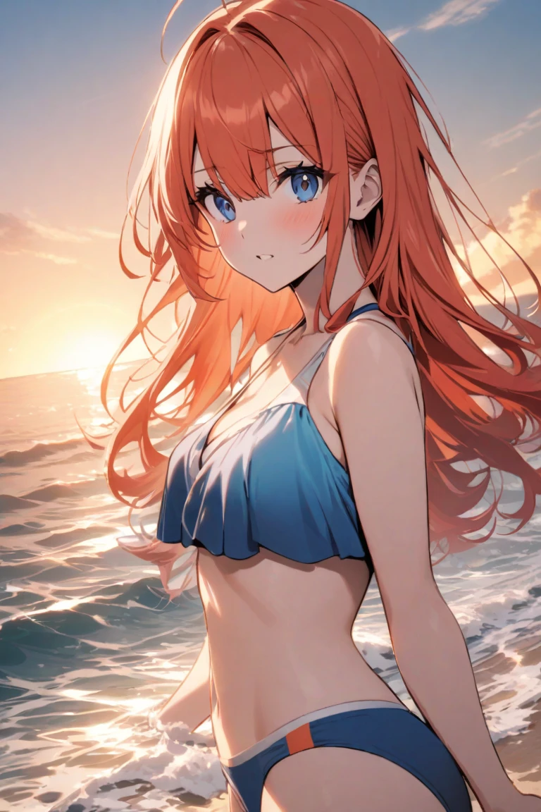 girl with wavy red hair braided r blue eyes with blue bikini and white thong with bow on the side with hands raised holding the hair on the back of the head on the seabed of a paradisiacal beach with seagulls flying mountains