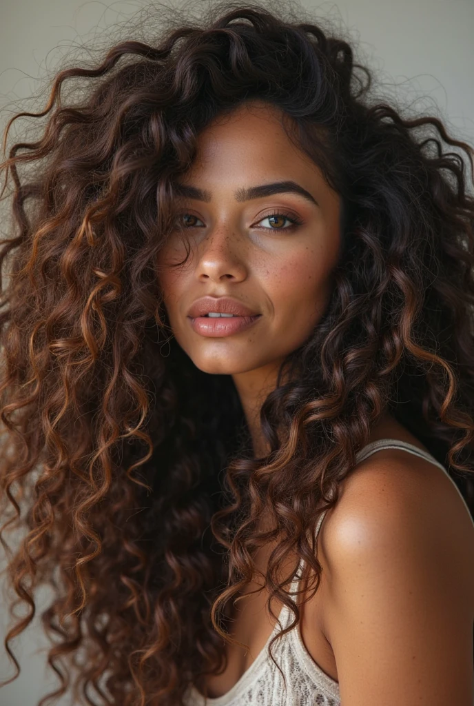 A girl with curly hair and around her there are natural hair products 