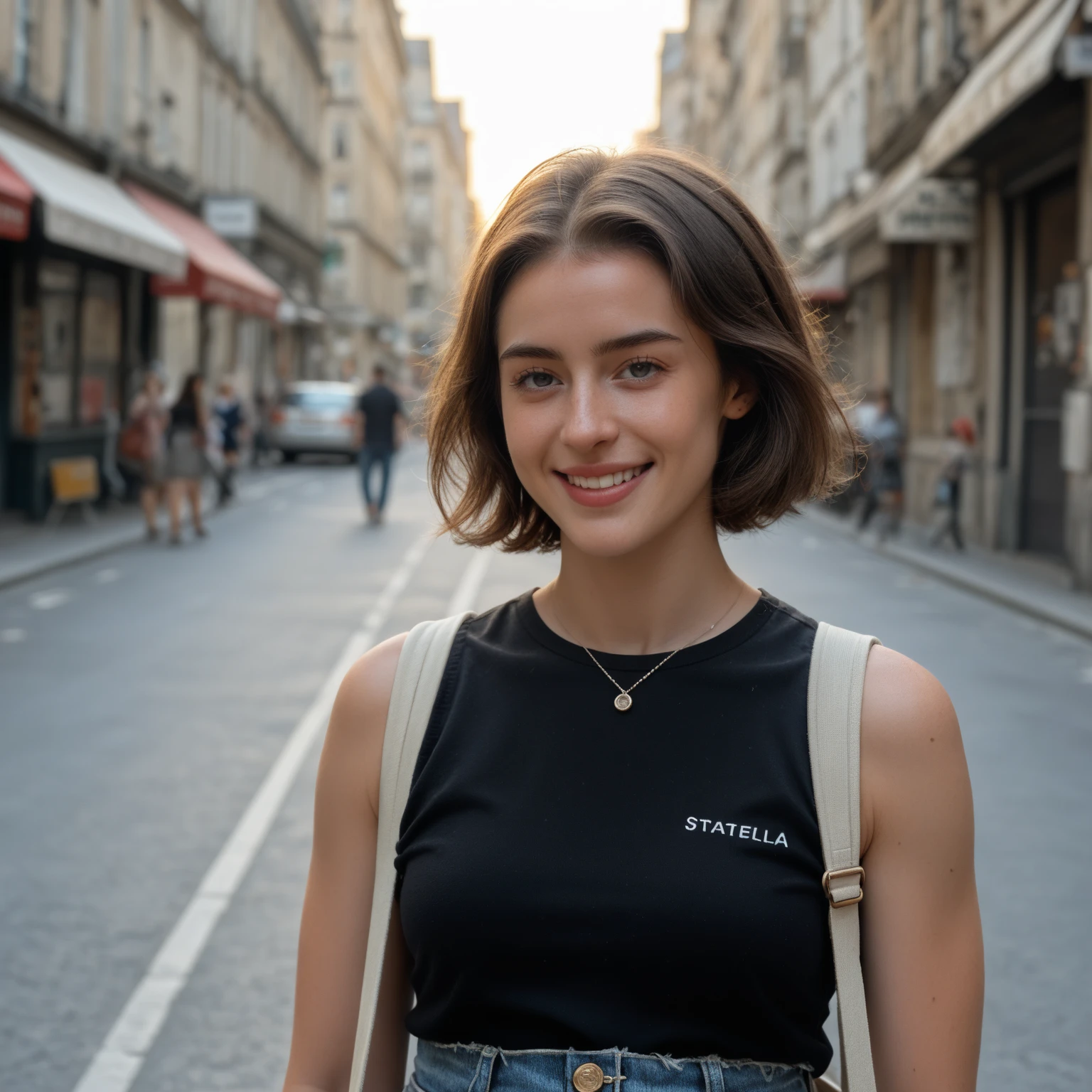 Cute beautiful sexy European light-green-eyed brunette, 22 years old,
girl is wearing black Tee-shirt, regular fit, regular length, no printing on Teeshirt, skinny fit jeans, heels, (Skindentation),girl is in focus, background is out of focus, depth of field, seductive sardonic smile, shopping street,
tiny waist, very detailed, innocent face, face-length 1.3 times the face-width, almond-shaped eyes, squared face-shape, high cheekbones, naturally wavy hair, light-green eyes, high-res, masterpiece, best quality, intricate details, very detailed, sharp focus, detailed skin, realistic skin texture, texture, detailed eyes, professional, 4k, charming smile, shot with Canon, depth of field, Kodak Vision color, perfectly fitting body, extremely detailed, photo_\( ultra\), photorealistic, realistic, post processing, maximum details, roughness, real life, ultrarealistic, photorealism, photography, 8k UHD, photography
