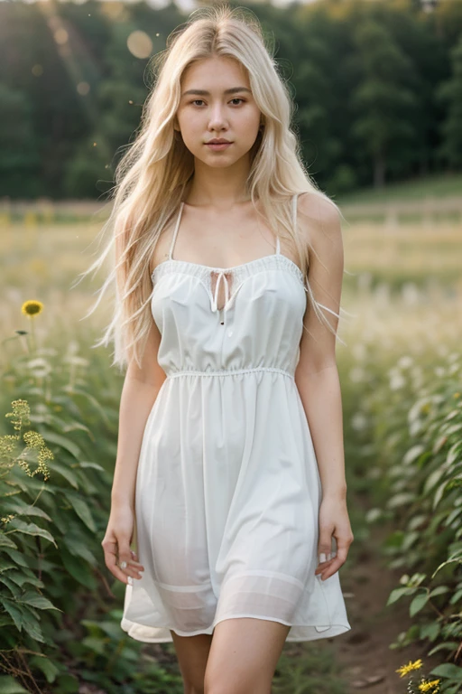 1 girl in a field, 19 years old, standing alone, aesthetic art, Irish, strawberry blonde wavy hair, hair to the shoulders, Chifres Pequenos, light grey-eyed, some small freckles, pale skin, Runner's body, demon tail, (texturized skin, skin pore:1.1), shiver, wearing a red see-through nightgown, exposed tits, sensual pose