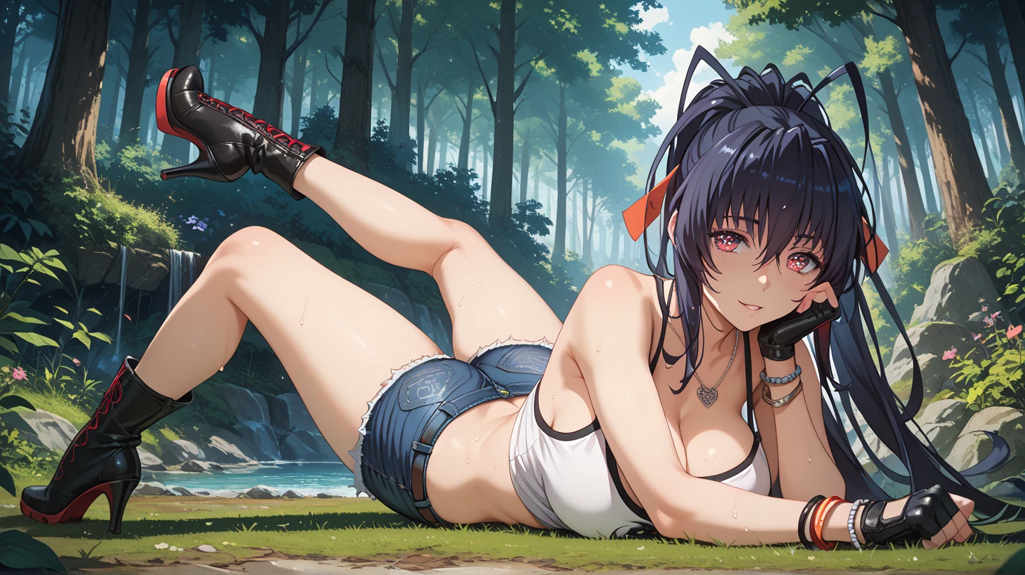 ((Masterpiece)), (Best Quality), Solo, miosha1, hair ornament, ponytail, wolf tail, swimsuit, white shorts, thigh strap, black jacket, leaf print, collar, string bikini, (NSFW:1.2)
