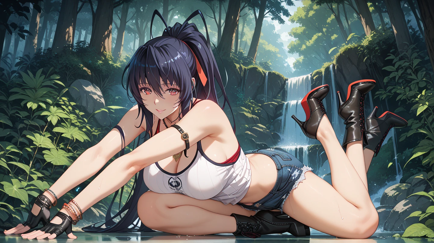unparalleled masterpiece, 8k, high quality,perfect artwork, outdoor, 1girl,18yo,muscular female, kanu unchou,(Tifa Lockhart, outfit,arm guards, bare shoulders, black mini skirt, black thighhighs, collarbone, earrings, jewelry, midriff, navel, earring, suspender skirt, suspenders, necklace,(white tank top:1.2),black socks, red boots, zettai ryouiki,), (earrings, low-tied long hair, hair over one eye:1.2), clean, beautiful face, pure face, pale skin, shiny hair, colored inner hair, detail hair, Long eyelashes, braid, (finely detailed beautiful eyes and face), hyper extreme detailed, stunning lighting effects, (y pose:1.3),large breected ni,cleavag,underboo panties,cameltoe:1.2),(red blurrassment:1.2),sitting,(sweat:1.2),from below,looking down,spread legs