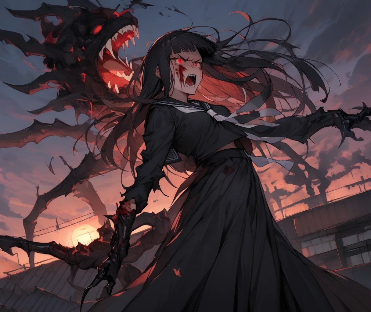 Death extending his hand to a woman who is also extending her hand to death.