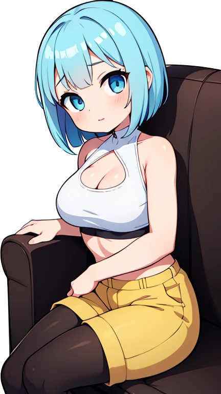score_9, score_8_up, score_7_up, BREAK from above:1,pov,(girl sit on chair,on your back,spread legs),,1girl,bulma, blue eyes, blue hair,bare shoulders, belt, cleavage, hair bobbles, hair ornament, hair over shoulder,large breast,midriff, navel, one side up, red tube top, shorts, side ponytail, (strapless, tube top,under_boob,),looking at viewer,facial expression,sharp eye,smile,masterpiece, best quality,  detailed body, highly detailed, anime coloring.anime,[anime_screencap:0.8] , key visual, highly detailed,cinematic lighting;0.3,great lighting,