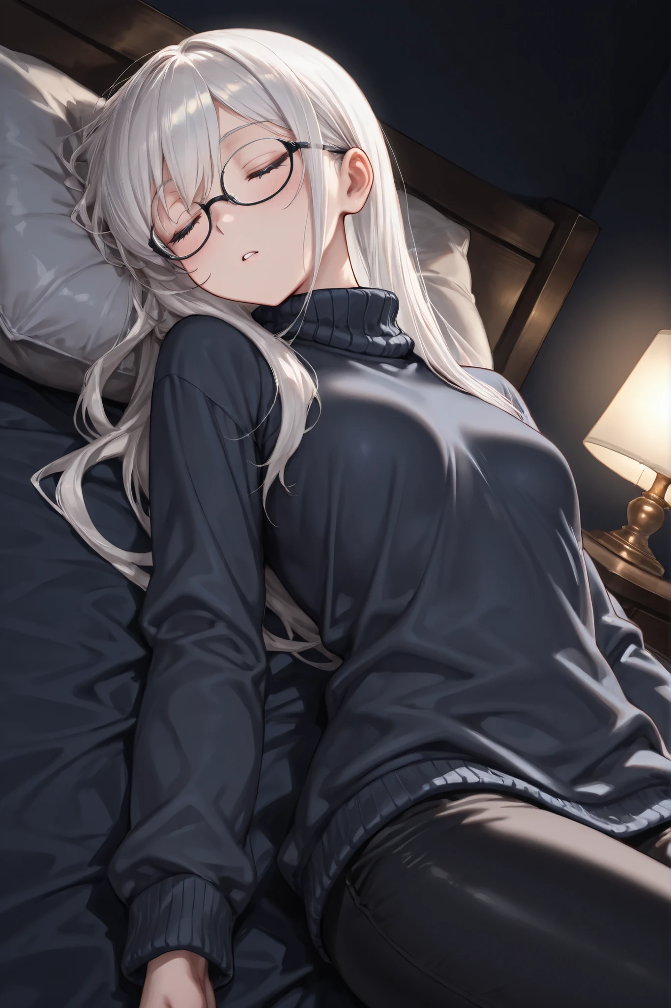 ((Masterpiece)),((best quality)),((incredibly absurdres)),((8K)),semi real,
1 girl,solo,mature female,kawaii,white hair,long hair,straight hair,blue eyes,small breasts,
(black eyewear),navy blue turtleneck sweater,loose shirt,black skinny jeans,
sleeping,(closed eyes),parted lips,
night,(dark room:1.2),lamp,