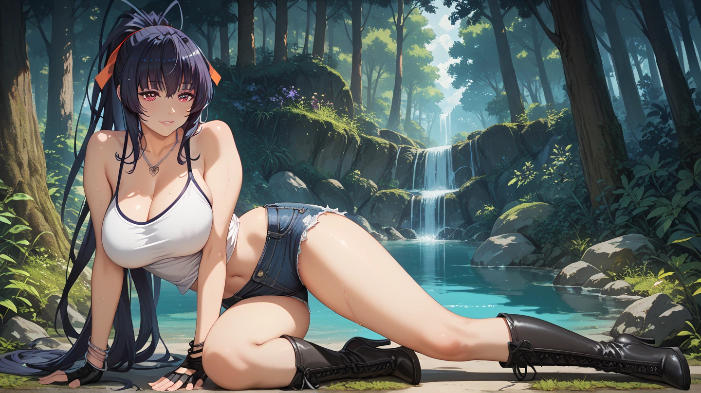 shima rin, 1girl, blue hair, hair bun, sitting, camping, outdoors, woods, campfire,, anirl, best quality, ultra high res, big boobs, big ass, matured, sexy