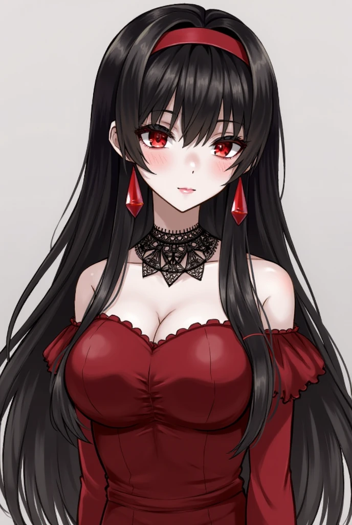 1girl, long hair, red eyes, black hair, large breasts, upper body, grin, dress
