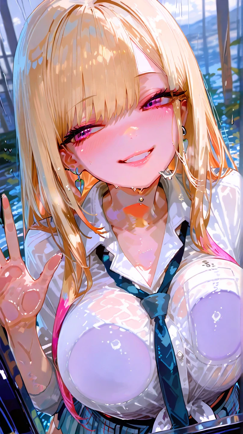 (highest quality, 8k, 4K, High resolution, masterpiece:1.2), Very detailed, Beautiful illustrations, Bright colors, Lens flare, Natural light, one person, woman, Beautiful facial details, Beautiful Eyes, Long eyelashes, Soft lips, (Small face), (Light red hair, Long Hair, Brown eyes), Perfect Face, Shiny skin, (Beautiful breasts), Laughing with your mouth open:1.2, (Gazing at the viewer, Cowboy Shot), bustling street, City lights, Light and shadow with attention to detail, Background blur.bikini,