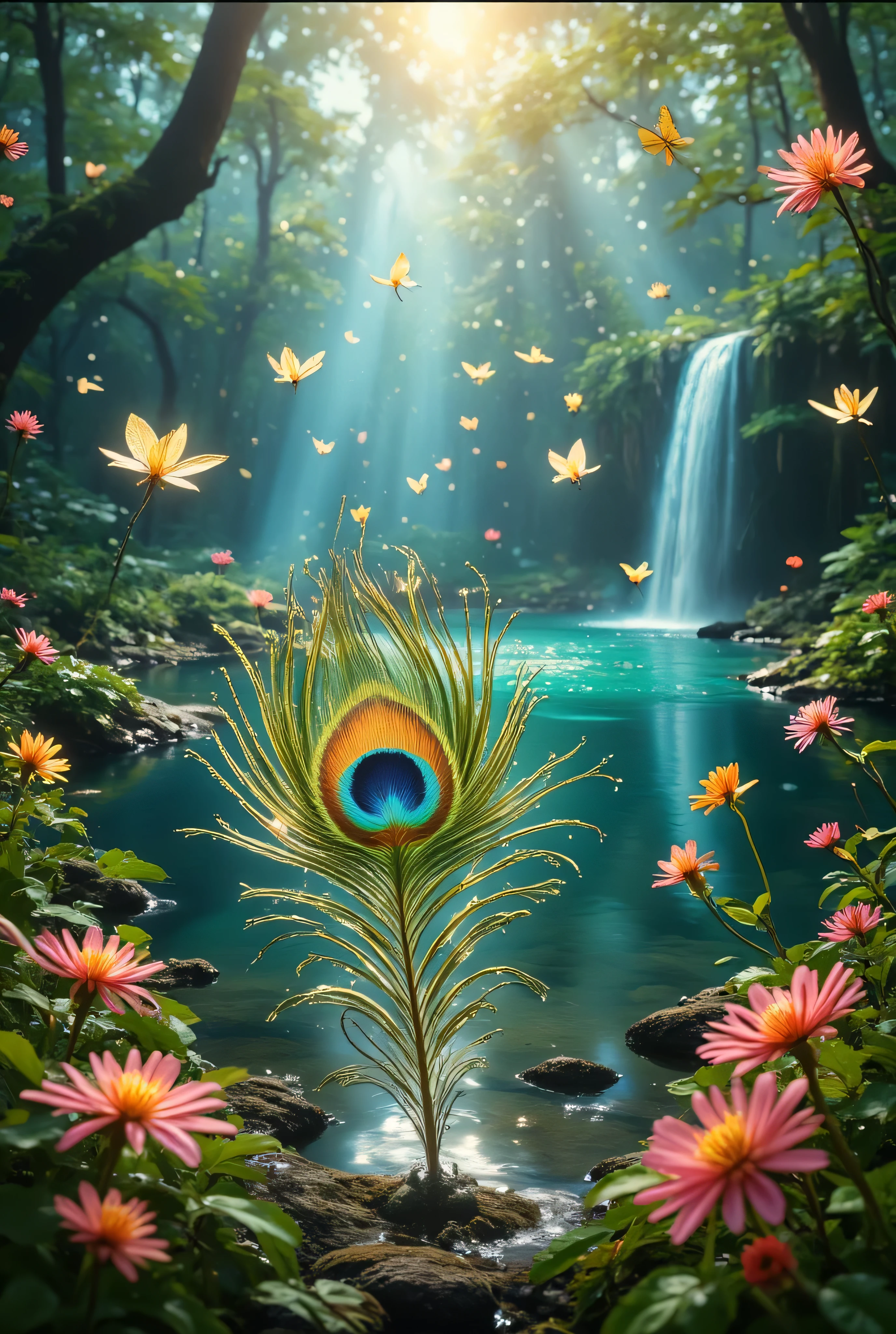 In a magical paradise, a vibrant peacock feather floats gracefully through the air, its iridescent blues, greens, and golds shimmering in the soft, dappled sunlight. The scene is set in an enchanting garden filled with exotic, blooming flowers of every color imaginable, their petals glistening with morning dew. Majestic butterflies and hummingbirds flit around, adding to the kaleidoscope of colors. In the background, a serene waterfall cascades into a crystal-clear pond, surrounded by lush greenery and ancient, towering trees. The atmosphere is serene and otherworldly, with a gentle breeze carrying the feather on its mesmerizing journey through this idyllic, enchanted landscape.