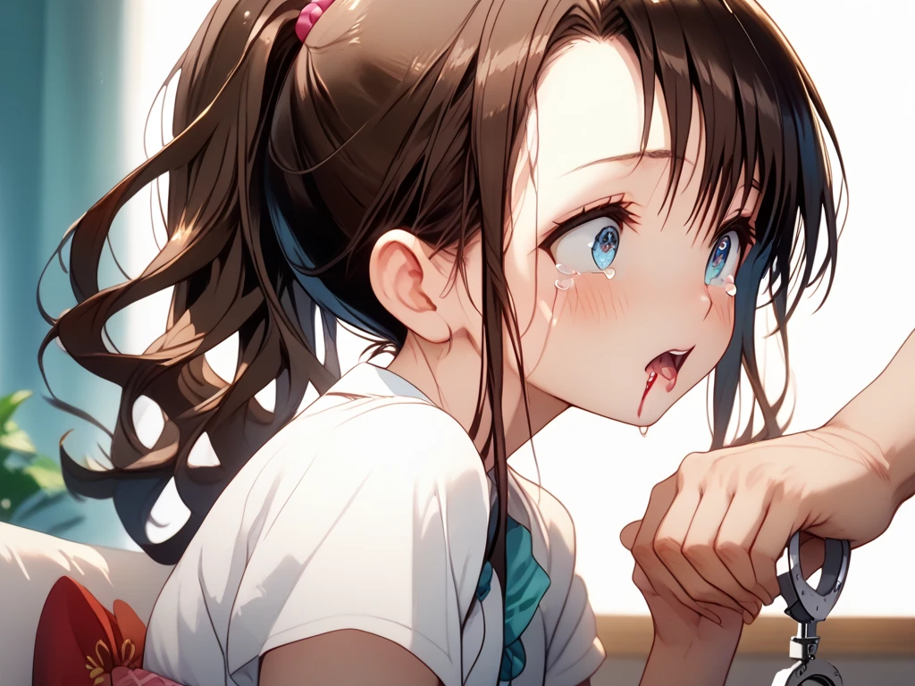 (1girl, wakaouji ichigo, K-On!), beautiful detailed eyes, black eyes, (tareme), (half-closed eyes), (opened big mouth, licking, Sticky tongue), nsfw, (close-up mouth), Highest quality, Super detailed, masterpiece, Ultra-high resolution, 8k, Embarrassing, blush, Lovely, (With tears in her eyes and her mouth open), Sticky saliva