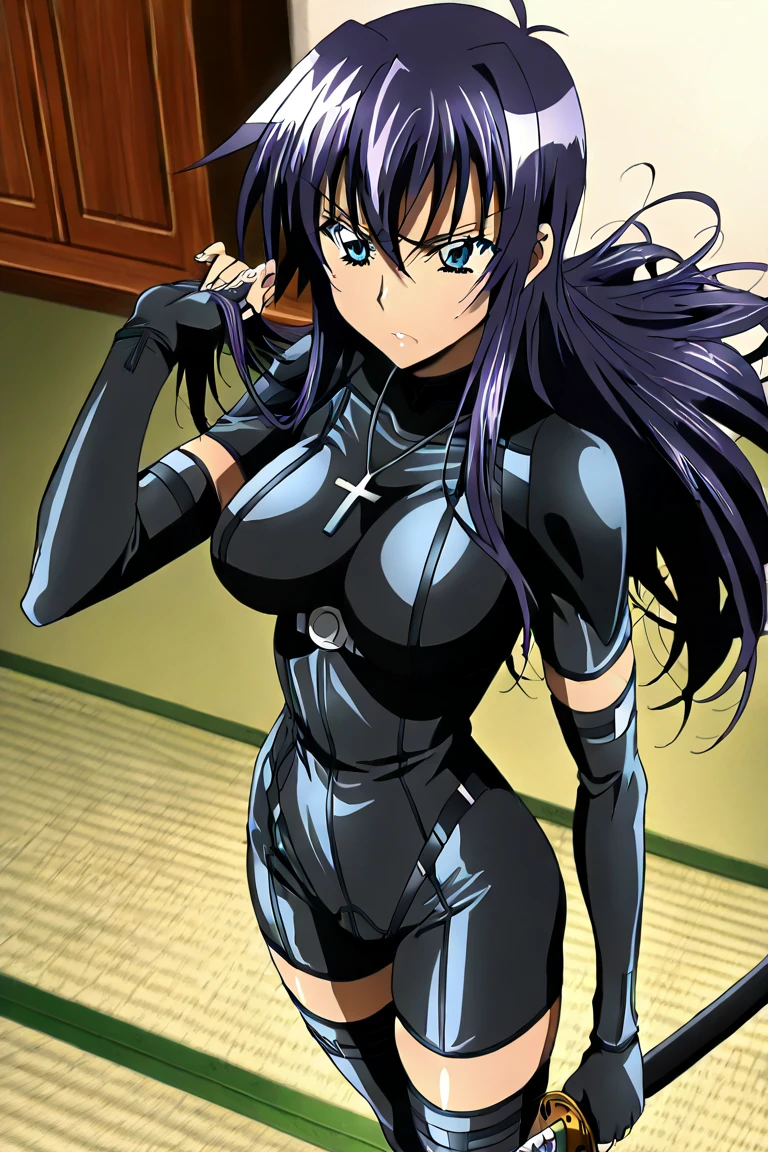 Suko Kusanagi, Purple colored hair, red eyes,Black bodysuit,anime style beautiful woman, lie on bed, (tmasterpiece, Best quality:1.2), cow boy shooting, Alone, 1 busty girl, Highest resolution,distinct_Image of a)Best quality, maam, tmasterpiece, The is very detailed, Semi-realistic, exposing her breasts, Inside the room, Modern bedroom, window, Get up, Morning, The face is red,Seductive action,Seductive expressions