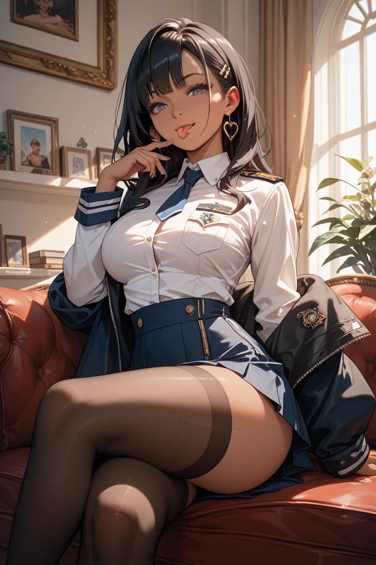 Young face big chest woman in uniform with legs open on office desk。with a realistic、areola sheer