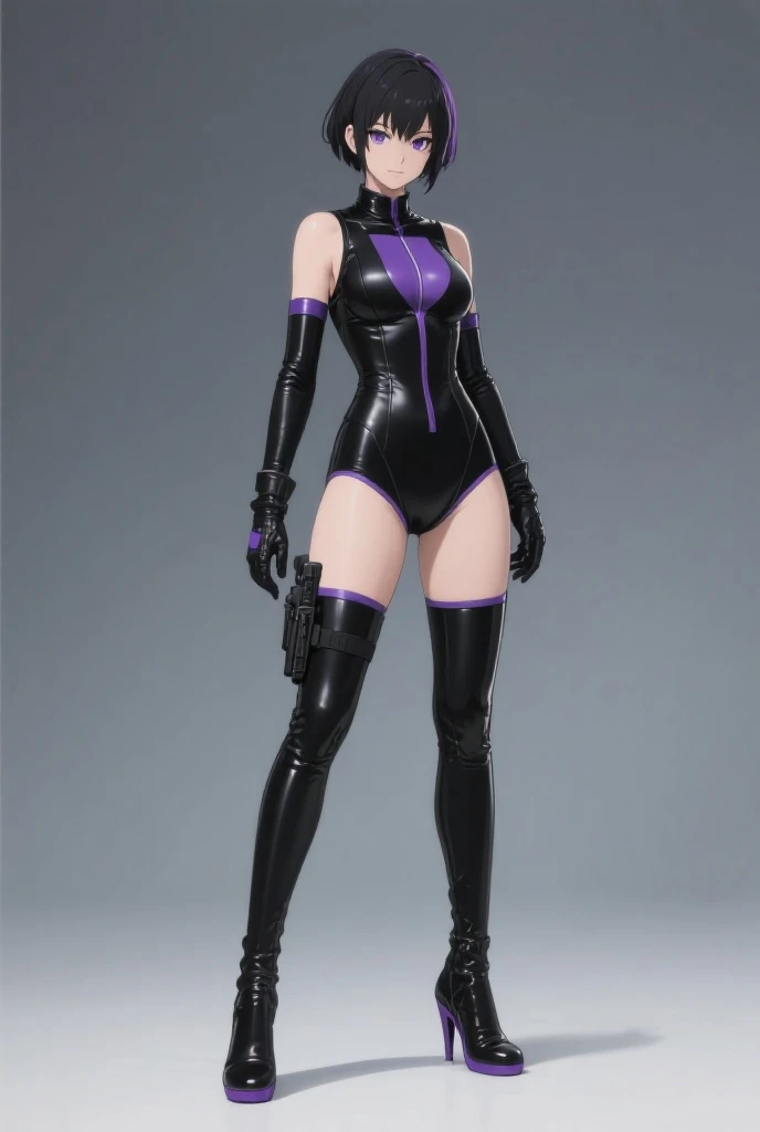 ((masterpiece, best quality, ultra-detailed, ultra-HD, photorealistic, cinematic)), ((alluring Misato Katsuragi)), (wide shot, full body view:1.5), perfect hands, perfect face, perfect body, large cleavage, round ass, round legs, ((dynamic background), (long, wavy dark purple hair that falls past her shoulders, bangs are swept to the right side of her face, partially covering her right eye, giving her a mysterious and alluring appearance, the back of her hair is usually left loose, adding to her casual yet elegant look), (wears dark purple, form-fitting jumpsuit, the jumpsuit has various black and silver accents, including a high collar with a silver zipper, wears a black belt around her waist, the jumpsuit has short sleeves, ending just above her elbows), (wears black fingerless gloves on her hands), (she sports black ankle boots with silver buckles), (standing, sensual pose)
