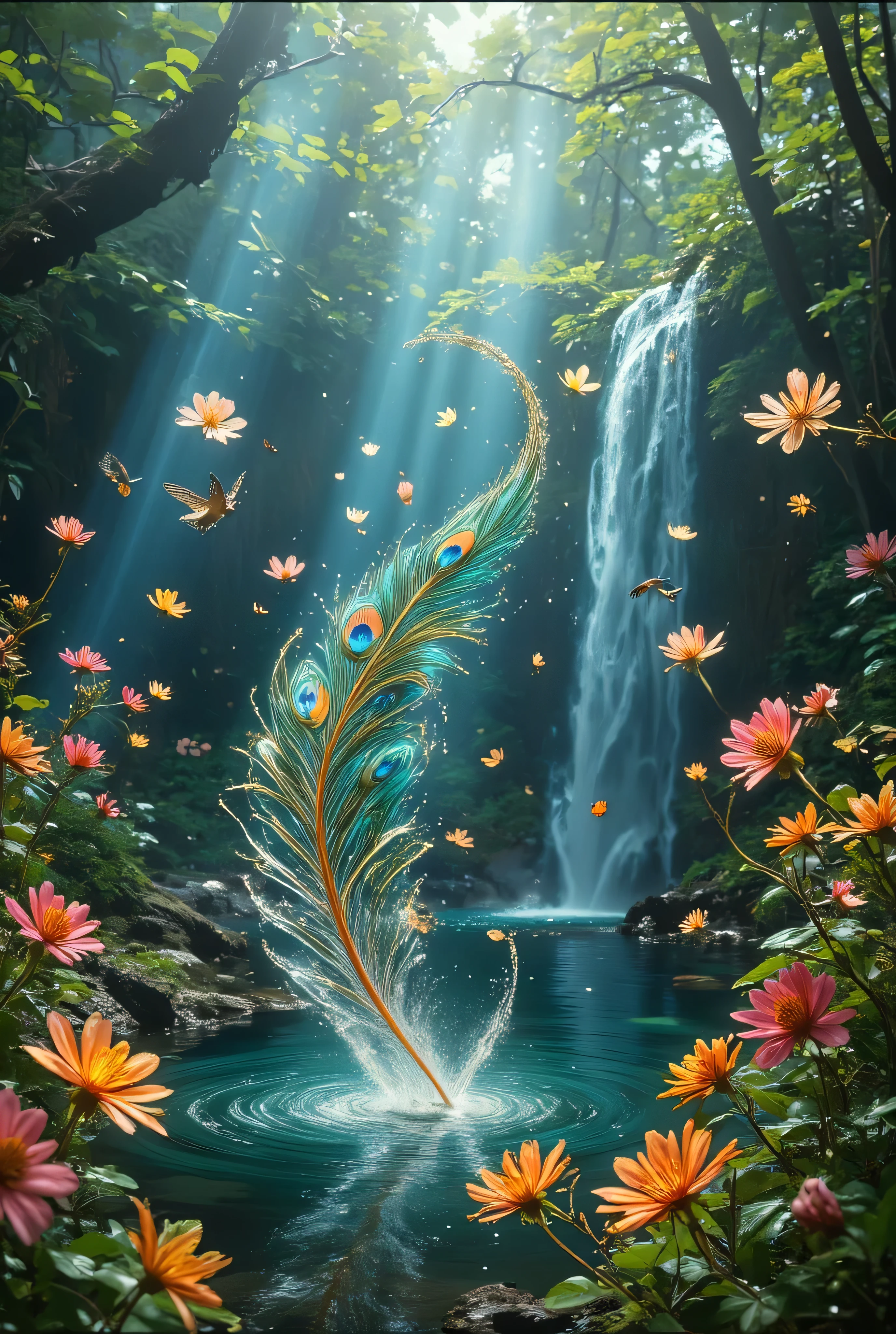 In a magical paradise, a vibrant peacock feather floats gracefully through the air, its iridescent blues, greens, and golds shimmering in the soft, dappled sunlight. The scene is set in an enchanting garden filled with exotic, blooming flowers of every color imaginable, their petals glistening with morning dew. Majestic butterflies and hummingbirds flit around, adding to the kaleidoscope of colors. In the background, a serene waterfall cascades into a crystal-clear pond, surrounded by lush greenery and ancient, towering trees. The atmosphere is serene and otherworldly, with a gentle breeze carrying the feather on its mesmerizing journey through this idyllic, enchanted landscape.