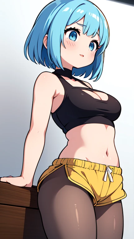 Oni girl, one horn in the center of the forehead, yellow eyes, glasses, cascading bob hairstyle, blond hair color, slightly plump figure, full breasts, narrow waist, curvy hips, Front view, ((looking to the side)), dissatisfied face, eyes closed, bare breasts, detailed nipples, ((supporting breasts with my hands)), dark tight trousers, trousers close to the vagina, plain background, background of one color, white outline around the character