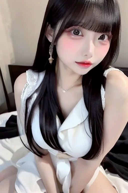 Beautiful woman with perfect body:1.4,Layered Hairstyle,Prominent cleavage,Highly detailed face and skin textures,Double eyelids,Skin Whitening,Long hair,Whitened long legs,(Cardigan Sweater,necklace),Standing by the sea