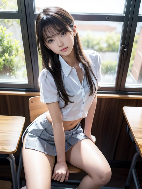 barefoot、sit barefoot on a chair、ponytail、In the classroom、Brown Color Hair、Tying up hair、Multicolored Hair、short hair、((Pleated skirt、White shirt))、ribbon、首のribbon、(Sexual Ecstasy)、Highest quality, Realistic, Super delicate illustration, Beautiful and attractive girl, Slender body, Tied Hair, One Girl, Girl Photos, Full Body Shot, Beautiful Eyes, ((M-shaped feet、Showing panties))(pubic)、(((Please spread your legs wide)))、Big Breasts(((Baby Faced Girl))JK、とてもRealistic、Her breasts are so big they're about to pop out of her shirt、A cute child-like face