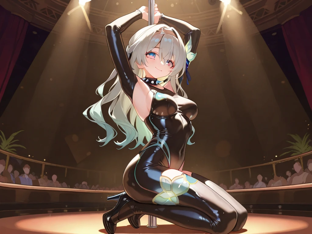 Masterpiece, Best Quality, 1 girl,pole dancing,1 girl,hits, Fair_back, negro_hose, closed_boca, clavicle, dress, Eyebrows_visible_Through_Hair, gray_eyes, Hair_ornaminto, long_Hair, looking_in_viewer, shackles, the payment_Hair,