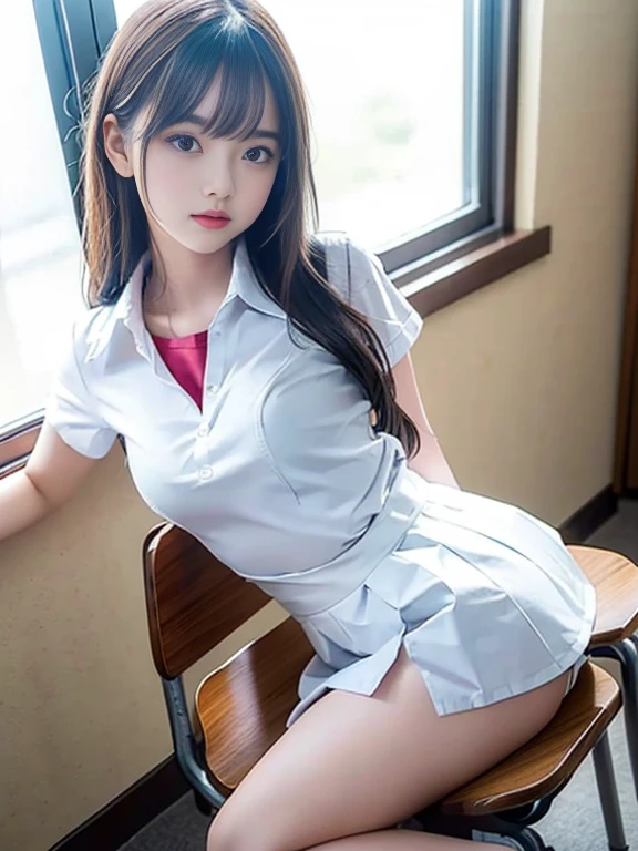photo realistic of a exotic woman, cleavage, (sitting on a chair at a public library:1.2),(wearing a sexy japanese school girl uniform:1.2), (good body proportion),(perfect hands)(perfect legs),wide angle shots, sharp focus,intricate details face, ultra realistic,natural skin texture, 8k,award winning photo,octane render