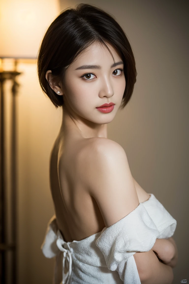 Best quality, masterpiece, ultra high res, (photorealistic:1.5), raw photo, 1girl, offshoulder, in the dark, deep shadow, low key, cold light, sexy look, short hair