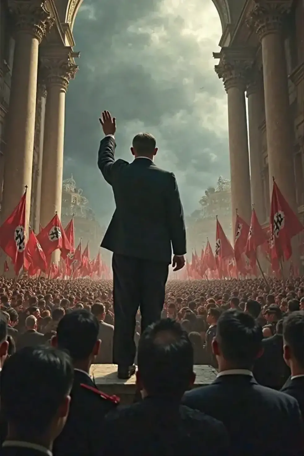 Donald Trump giving a fiery speech at Nazi Rally, Nazi Flags behind him on the stage, arena is filled with Nazi german, 4k UHD