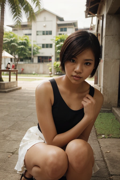 photo of a beautiful Indonesian woman with white skin, short black hair, wearing a tank top that says love you and shorts. was sitting on the terrace