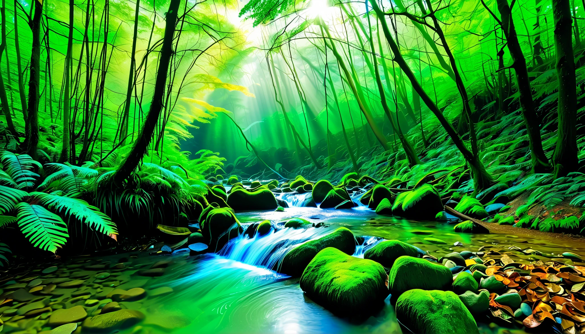 (Clear stream in the forest:1.5),(There are multiple beautiful waterfalls:1.5),A beam of light is emitted from the waterfall, Mysterious Forest Lagoon, Magical forest background, Magical Environment , A bit of sunshine, A beautiful and mysterious, Mysterious Atmosphere, Amazing screensaver, Entrance to the spirit world, With a mysterious light, reflectionする光, 川にreflectionする太陽の光, portal to another world ,tyndall phenomenon,reflection, heart shape,(a stream with a large amount of water flows through the primeval forest:1.5),(Fog has a fantastic atmosphere:1.5),(a large amount of splashes can be seen:1.5),(beautiful emerald green river water:1.5),