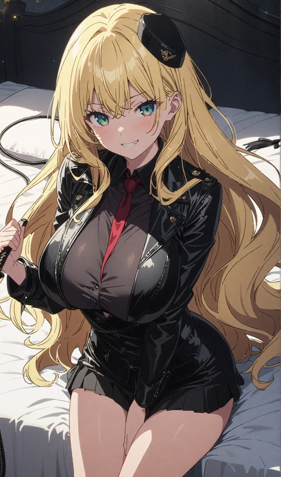 One adult woman, pink eyes, long blonde hair, black leather, smirk