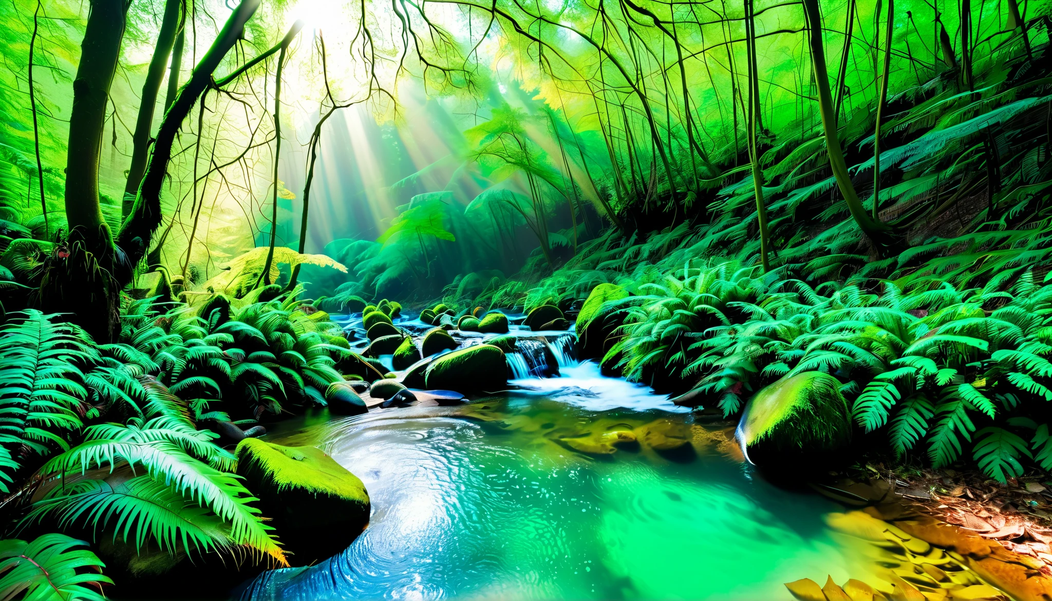 (Clear stream in the forest:1.5),(There are multiple beautiful waterfalls:1.5)，A beam of light is emitted from the waterfall, Mysterious Forest Lagoon, Magical forest background, Magical Environment , A bit of sunshine, A beautiful and mysterious, Mysterious Atmosphere, Amazing screensaver, Entrance to the spirit world,  With a mysterious light, reflectionする光, 川にreflectionする太陽の光,  portal to another world ，tyndall phenomenon，reflection， heart shape,(a stream with a large amount of water flows through the primeval forest:1.5),(Fog has a fantastic atmosphere:1.5),(a large amount of splashes can be seen:1.5),(beautiful emerald green river water:1.5),
