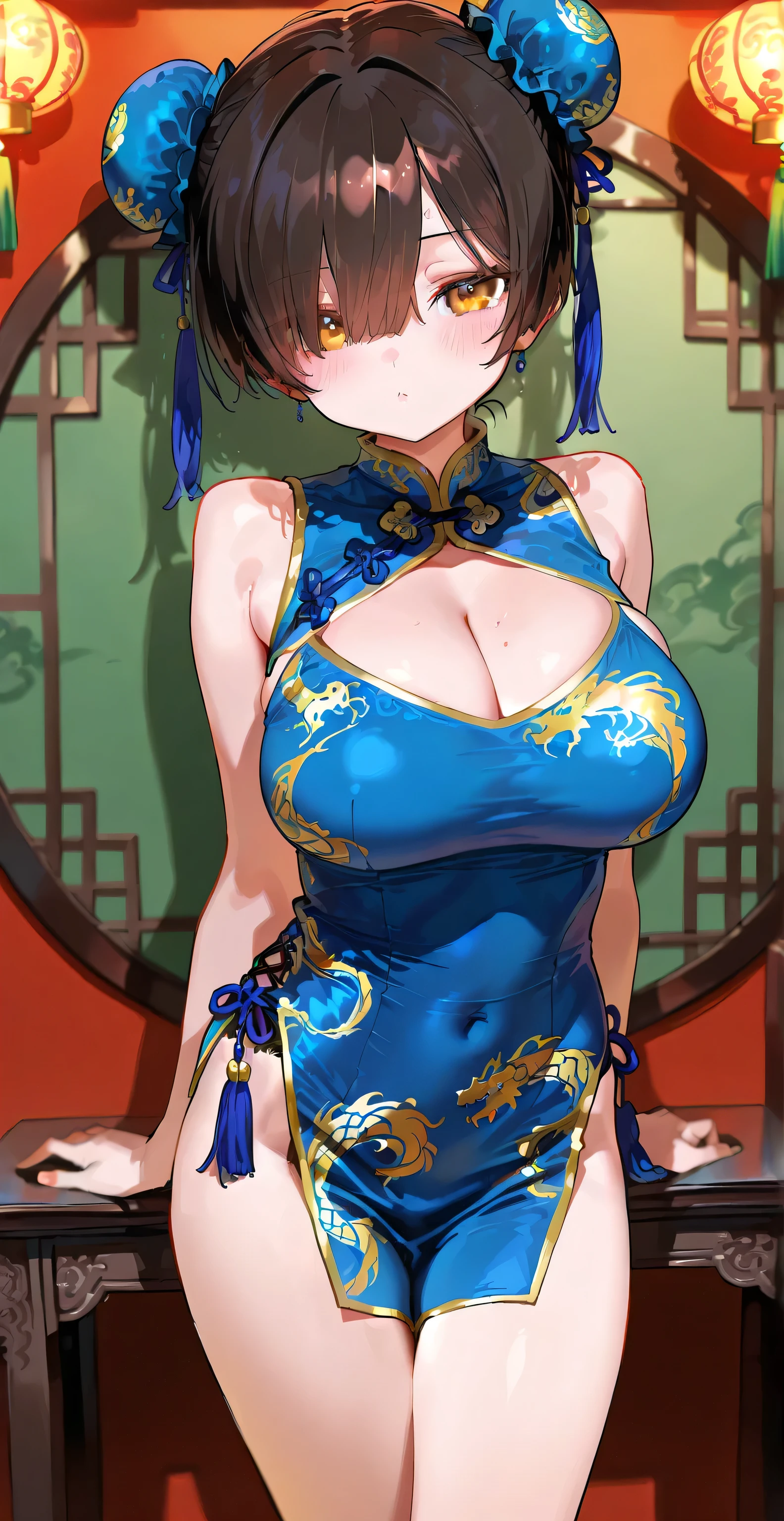 Fairy, sexy pose, big breasts, curvy, smile, bob haircut, sexy china dress, redhead, butterfly wings