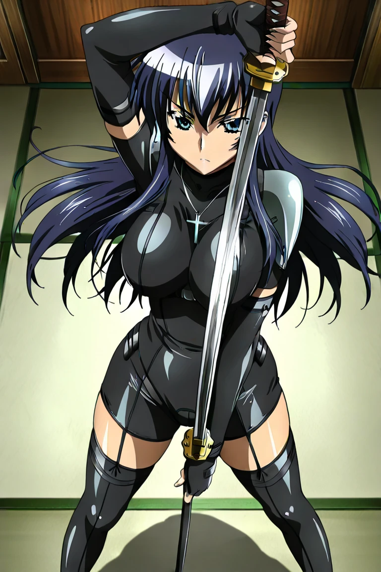 NM, 1girl, solo, close up, medium breasts, bodysuit, cleavage cutout, belts, gloves, looking at viewer, smile, perfect quality, good quality, masterpiece, HDR, UHD <lora:Nancy Makuhari:0.8>