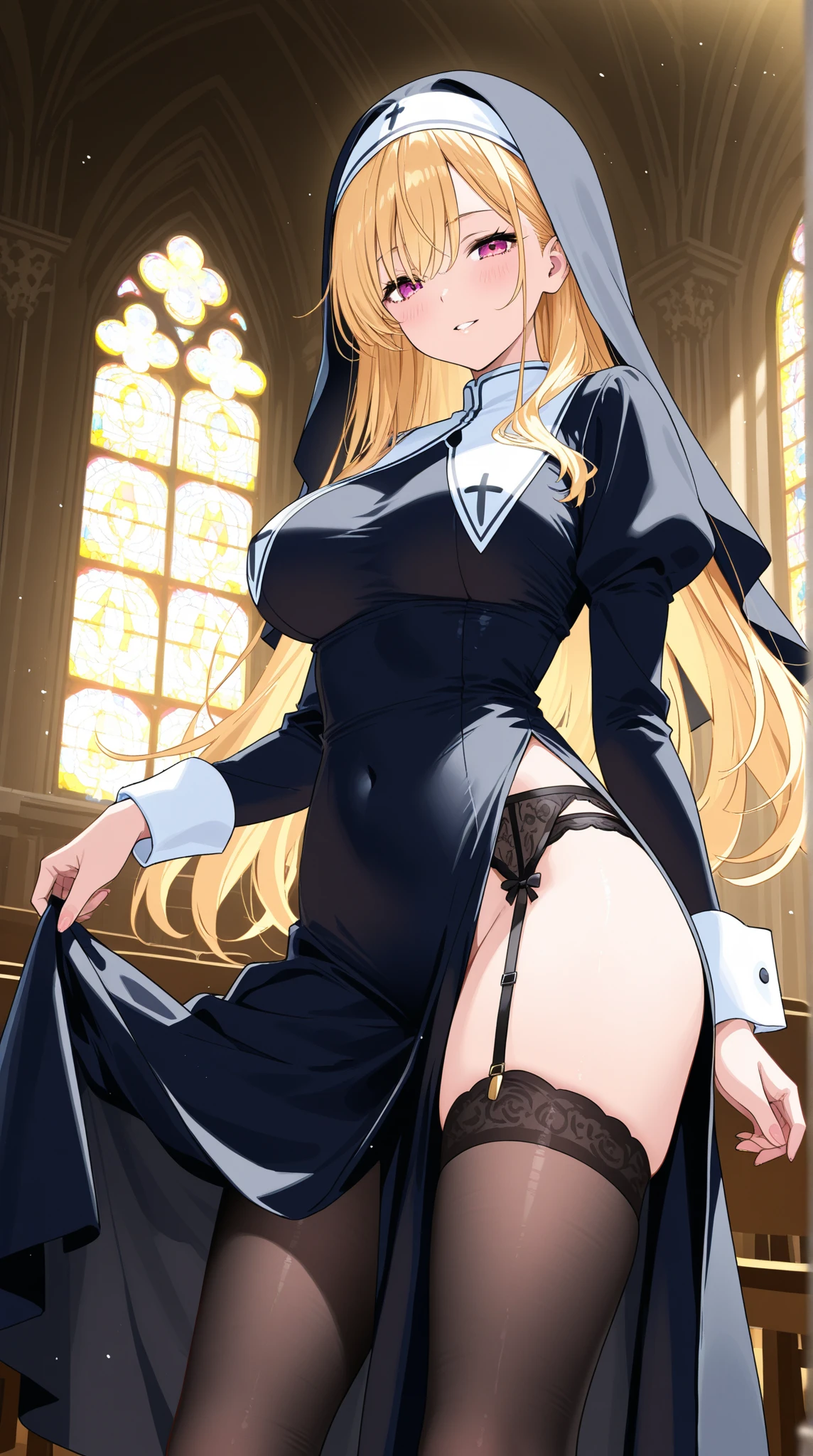 1girl nun solo, nun fashion model, nun fashion model , nun outfit, nun, majestic saint woman, mistress, black-white skintight robes, in realistic style