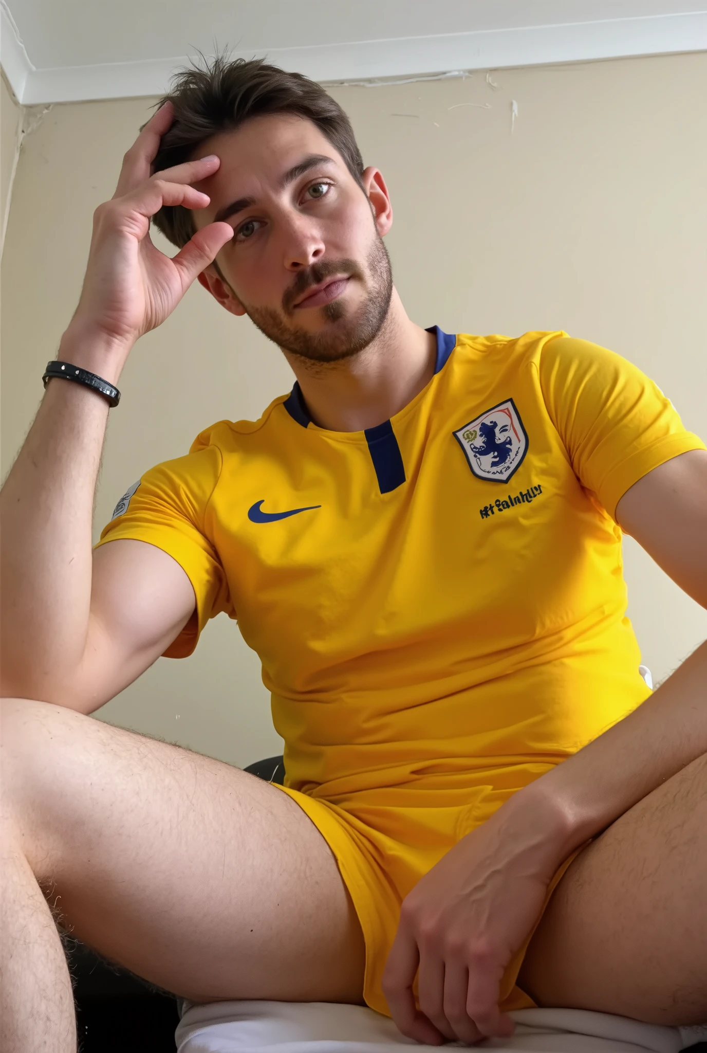 man , Sensual, high, moreno, athletic , skinny defined jaw, Straight Nose, penetrating blue eyes , short brown hair , Looks like it's Chris Evans , well-groomed beard , mature and airy face , full body , realistic image , High resolution , Ultra HD, wearing gym shorts , pes nus. he is facing away, hands resting on the parapet , looking at the viewer. Bedroom morning sunrise background, head against the ceiling, macro perspective, hand touching the ceiling, crack ceilling
High quality, Ultra HD, Hyper-realism, front view, penis focus big, very low angle , wearing yrllow french soccer jersey fullbody, angry expression, cigarette on mouth, smoke , penis focus big dick , huge size, too_big outgrowing torn clothes , sitting, against wall, detending, relaxing , masturbation