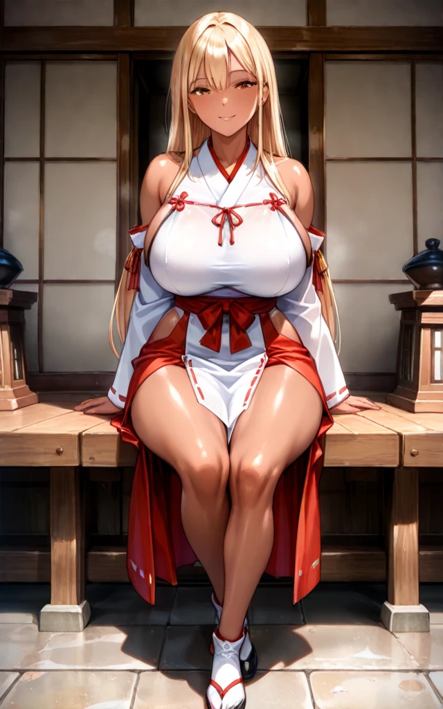 anime, girl single, blonde, red eyes, white kimono, kamimeki, blush, japanese room, sitting, sexy, off-the-shoulder
