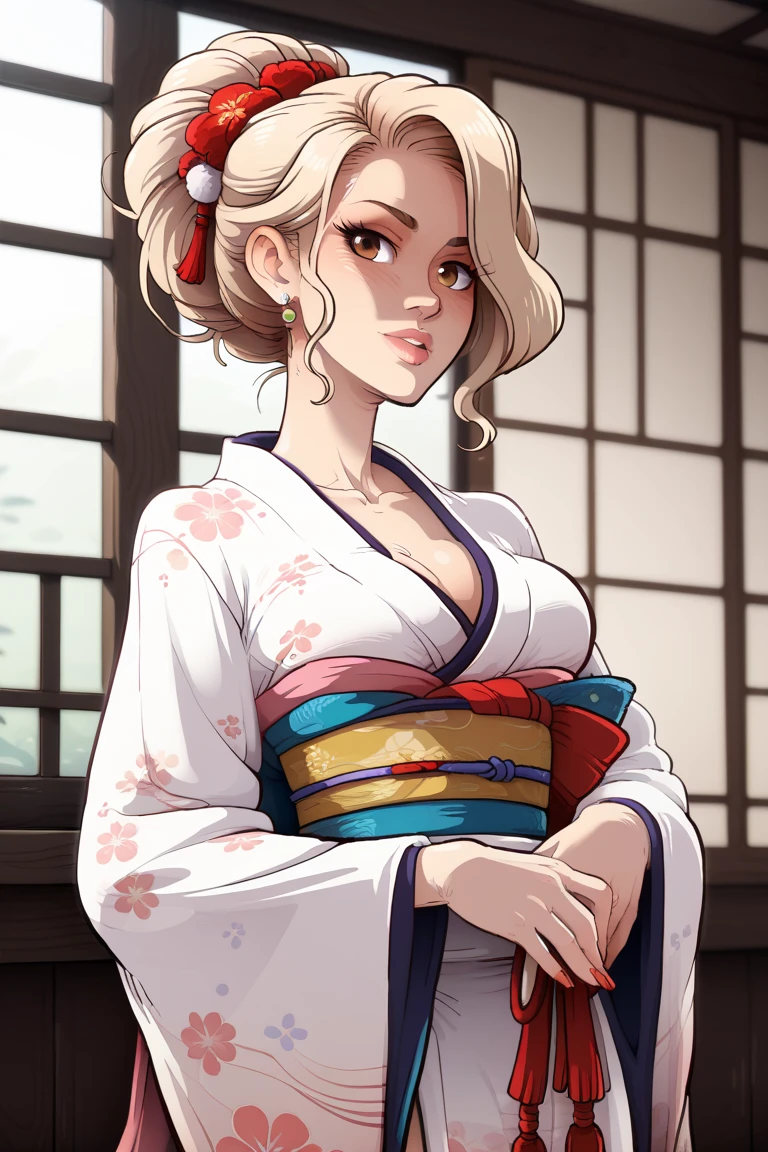 Garota anime na roupa do quimono posando em um quarto com uma janela, menina anime sedutora, mulher anime, em um quimono, mulher bonita sedutora do anime, em quimono, mulher bonita do anime, Tsunade, Naruto, personagem de anime feminino, menina anime atraente, menina anime, Anime Waifu, uma garota de anime, menina anime loira com cabelo longo, inspirado em Nishikawa Sukenobu