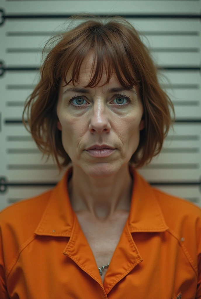 portrait photo of er1nh4y wearing orange jumpsuit in prison