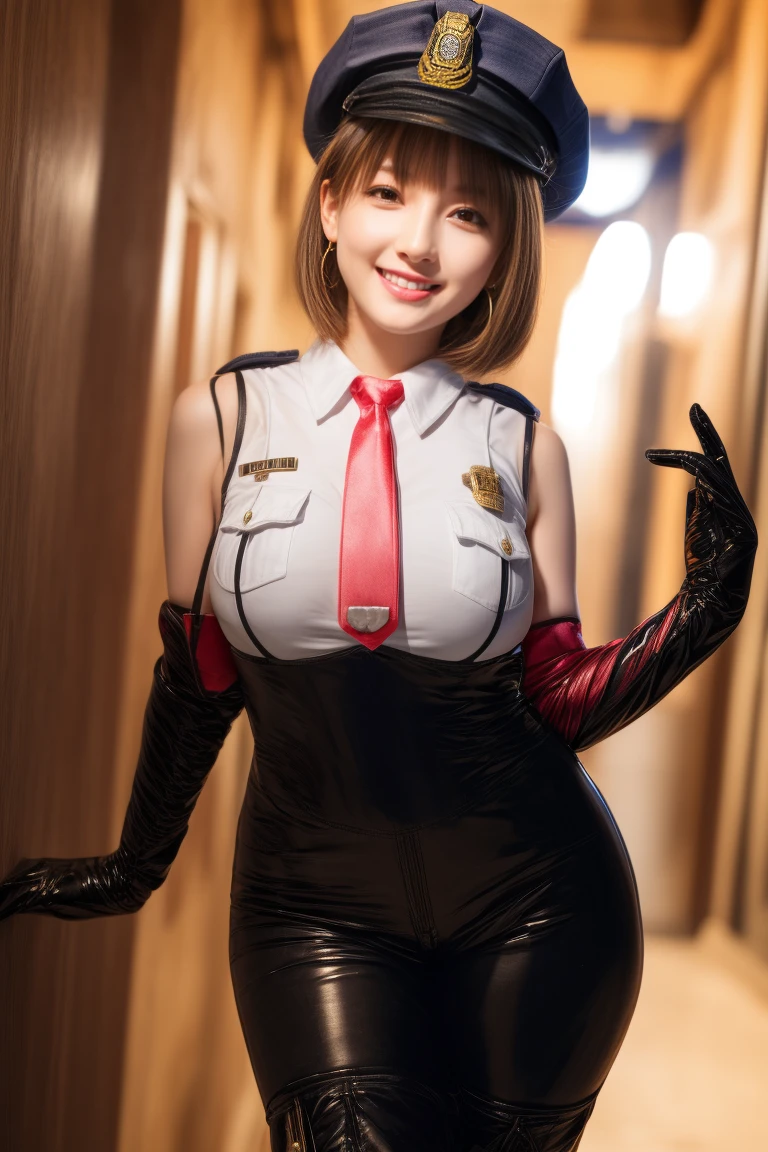 (masterpiece, best quality:1.2), cowboy shot, solo, 1girl, utsushimi camie, smile looking at the viewer, big breasts, hand on thigh, hat, black bodysuit, unbuttoned, cleavage, wide hips, ass,