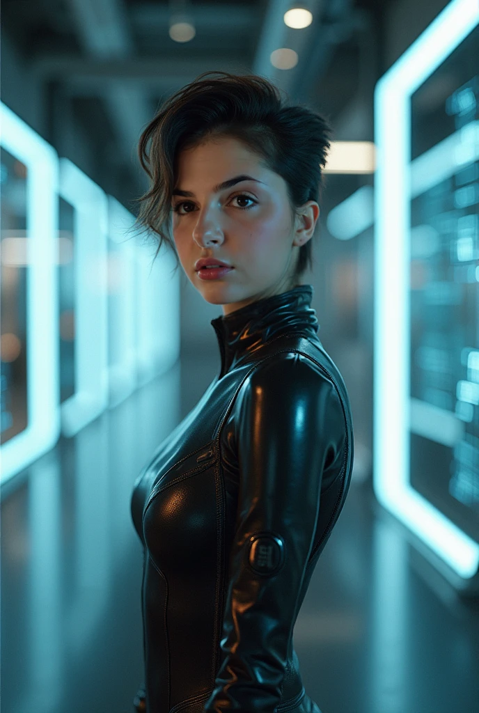 real and realistic photo. android woman, black suit, short hair. going through a digital portal. movie style, cinematic, high quality.