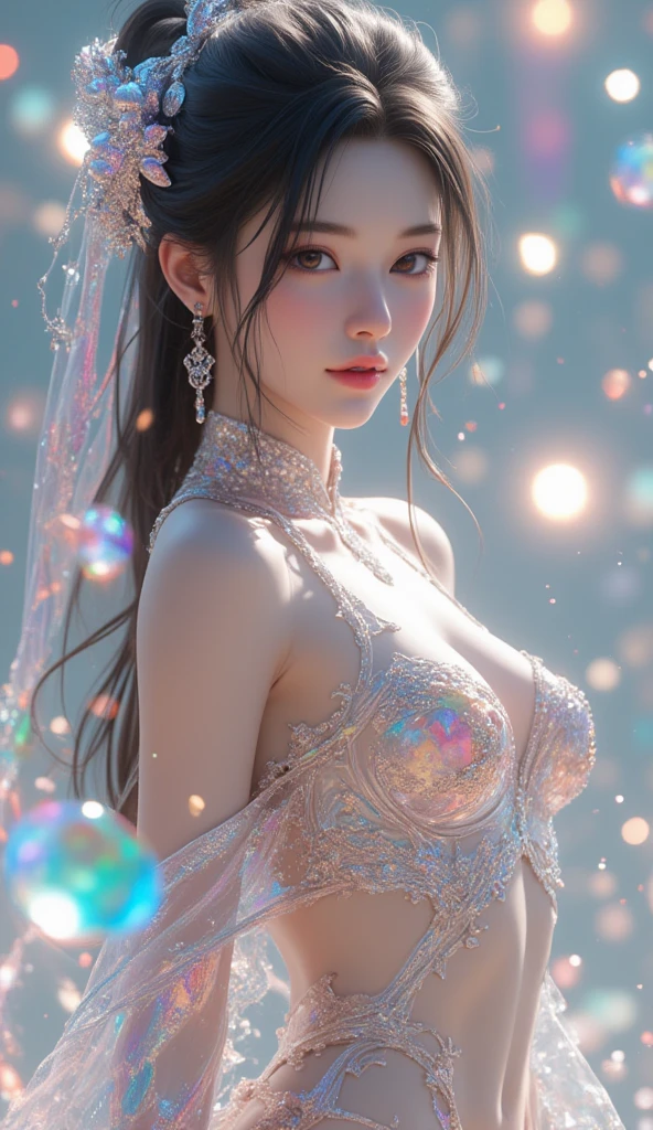 masterpiece、top-quality、8K、detaileds、Detailed face and skin、hight resolution、perfect anatomia、physically-based renderingt、(NSFW:1.3), Photorealsitic、1 person woman、20yr old、FULL BODYSHOT、Long Wave Hair、brown haired、constriction waist、huge tit、big breasts thin waist、nabel、Crotch gap、thighs thighs thighs thighs、Big tight buttocks、Trained raised buttocks、Attractive bust, big breasts thin waist, proportions of long limbs,), (big warm smile)、(Beautie:1.3)、(in her 20s:1.3)、A charming smile, Beautie(with round face:1.1)、Makeup thick、Naive and innocent woman、symmetric clear eyes、Well-groomed Face、cleavage, Navel, off shoulders, Seductive smile, (She wears a translucent white kimono on her body.:1.9)、White sexy kimono、(a necklace:1.3)、耳Nipple Ring、Feeling of temptation、Sexy feeling、bewitching、A sexy、(Skin shows through)、T-back panties、No bra、focus on face、(dynamicposes:1.2)、(dynamic ungle:1.2)、(FULL BODYSHOT:1.5)、(Dynamic Pose)、randam angle、Lights from the front、Shine a light on your face:1.4、