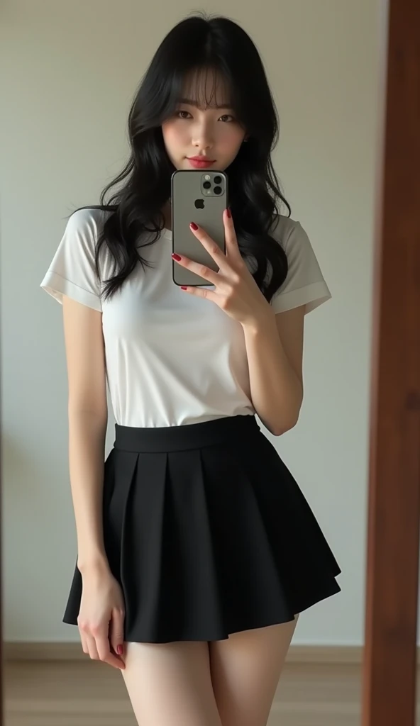 (Best quality, 8k, 32k, Masterpiece, UHD:1.2), Photo of Pretty Pinay woman, female student, 18-year-old, petite, ((flat breasts))), chignon red hair, full body shot, face focus, oversized white shirt, tight black skirt, in classroom, from above, looking at viewer, blushing face