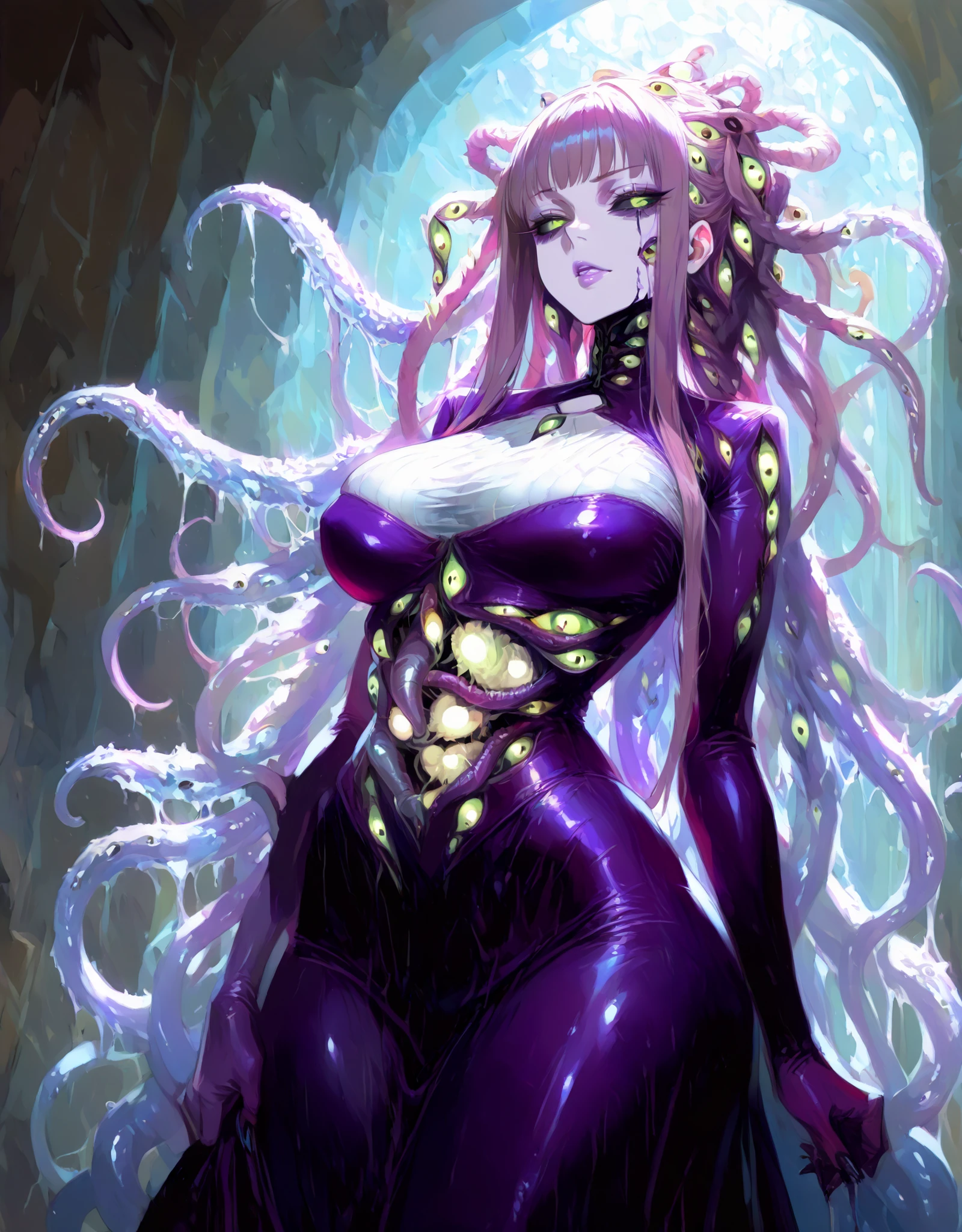 ((NSFW, , best quality, amazing quality, very aesthetic, extremely detailed, intricate details, minute details, detailed background, dramatic cinematic lighting:1.4,incredibly_absurdres, hard light:1.4, masterpiece 8k, vivid colors, rich palette, score_9, score_8_up, score_7_up), ice cavern, moonlight, eldritch, monster girl, 1woman, eldritch look, grim, shoggoth woman \(solo, big breasts, multiple mouths, black sclera, green eyes, purple skin, shoggoth, ShoggothMGE, body horror, Lovecraftian, extra mouth, multi eyes, tentacles hair