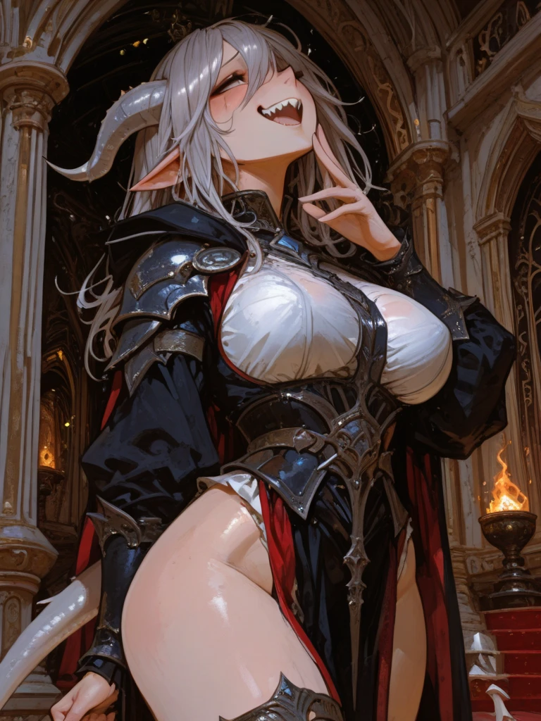 ((Highest quality)), ((masterpiece)), (detailed), (Perfect Face)、The woman is a jet-black demon, and while looking up at her beloved, dignified and powerful demon king, she gives him a handjob and licks his magnificent dick while giving him a blowjob.、The woman is a jet-black female demon with magnificent devil horns, jet-black devil wings, and a jet-black tail. Her skin is jet-black and she is a naked jet-black demon named Princess Leona. She has medium-long light brown hair and is a demon in both body and mind. She is giving the Demon King a handjob while looking up at his penis and running her tongue over it as she gives him a blowjob.、The woman is giving her beloved husband, the powerful demon king, a handjob and a blowjob with her tongue.、A strong demon king ejaculates a lot in front of a gorgeous demon altar as his beloved wife gives him a loving blowjob.