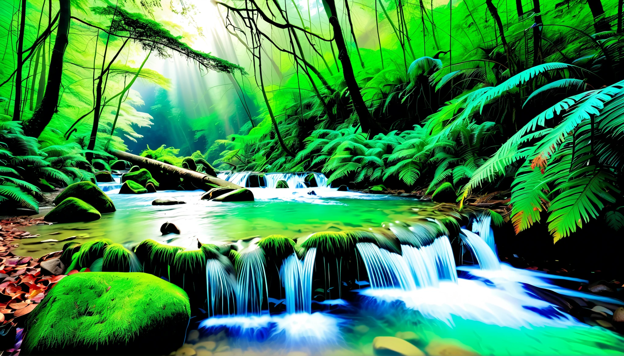 (Clear stream in the forest:1.5),(Multiple beautiful and mysterious waterfalls can be seen in the back:1.5),A beam of light is emitted from the waterfall, Mysterious Forest Lagoon, Magical forest background, Magical Environment , A bit of sunshine, A beautiful and mysterious, Mysterious Atmosphere, Amazing screensaver, Entrance to the spirit world, With a mysterious light, reflectionする光, 川にreflectionする太陽の光, portal to another world ,tyndall phenomenon,reflection, heart shape,(a stream with a large amount of water flows through the primeval forest:1.5),(Fog has a fantastic atmosphere:1.5),(a large amount of splashes can be seen:1.5),(beautiful emerald green river water:1.5),