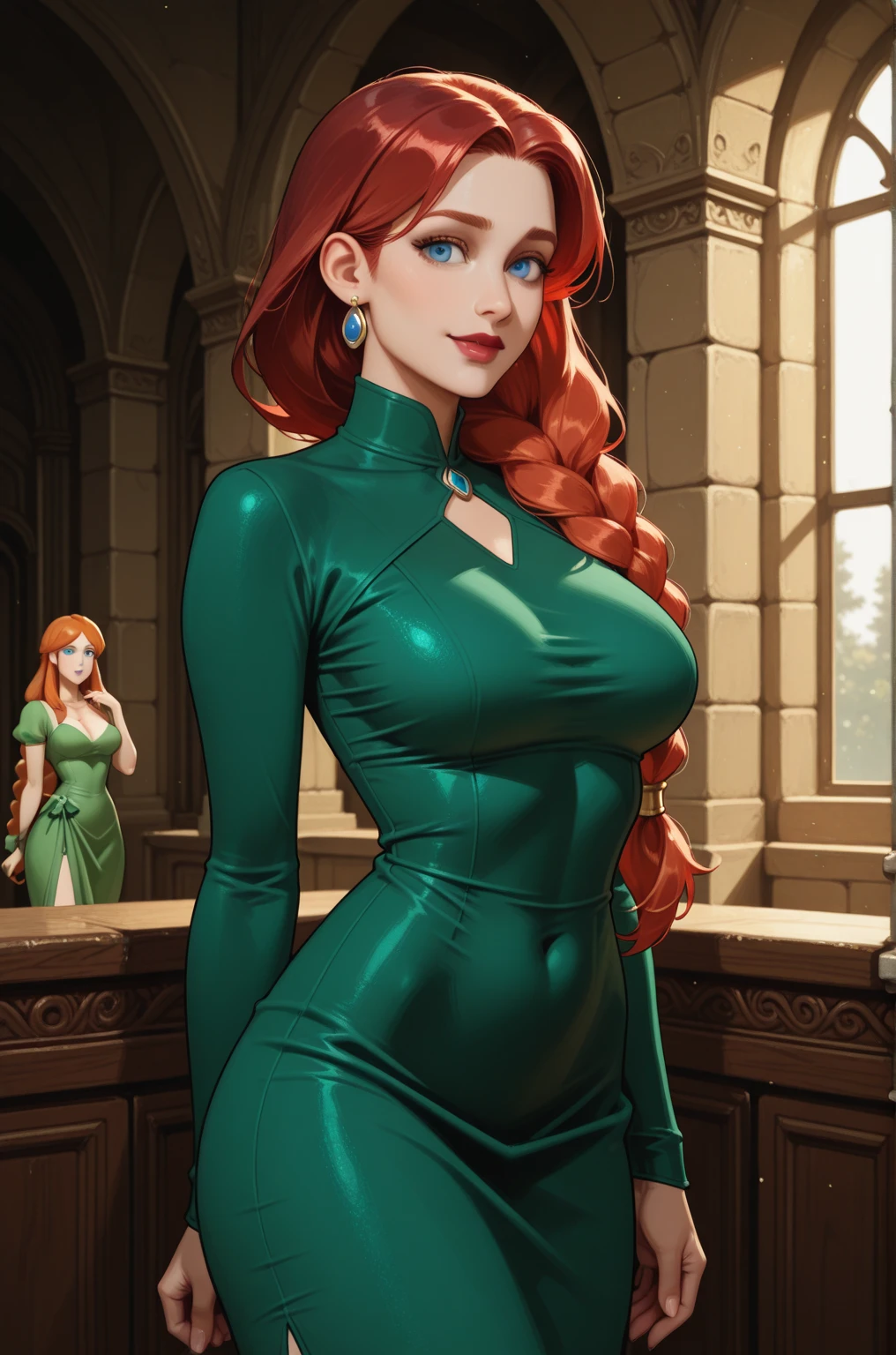 (best quality,8k:1.2,high resolution:1.2),ultra-detalhado,Realistic,flying over blue sky, vintage super hero female,long red curly hair,rosto extremamente detalhados,long eyelashes,all sheer shiny green and blue leotard de latex Apertado,cleavage,glossy suntan pantyhose, gloves,Glossy metalic accessories,Physically-based rendering,sharp focus,studio lighting, cidade do futuro scenario