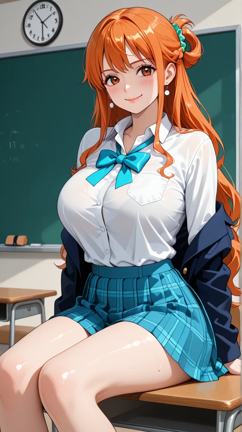(masterpiece, highres, high quality:1.2), cinematic lighting, detailed, colorful,
NaomiSakamoto, 1girl, mature female, solo, sitting on low chair, covering breasts,
looking at viewer, (blush, embarrassed:1.1), teeth,
orange hair, long hair lipstick, purple eyes, jewelry, (mole under mouth:0.8),
blue shirt, short sleeves, red pleated skirt, bikini bottom only,
curvy, large breasts, thighs,
indoors, classroom, day, sky,
<lora:NaomiSakamoto:0.9>