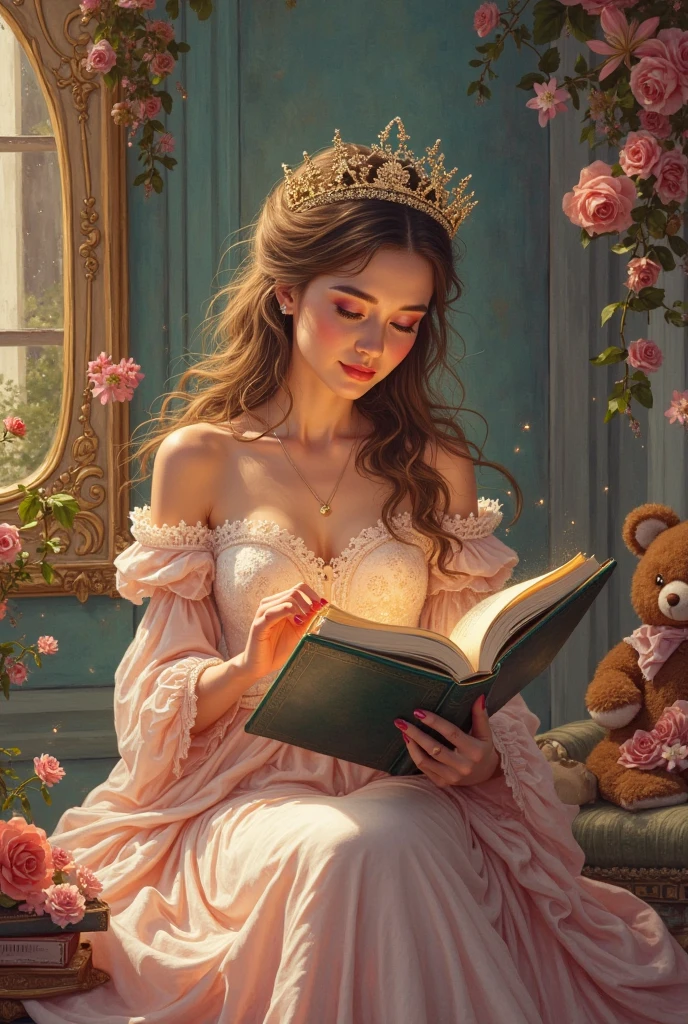 big breast queen reading a book to the princess in bed, cute birds , fairytale